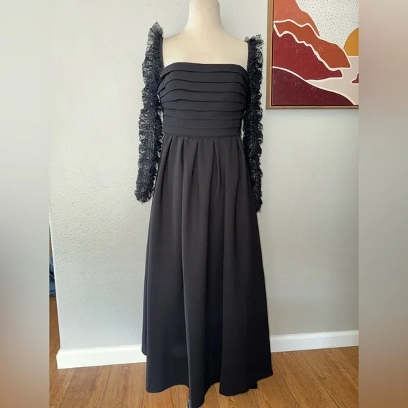 SELF-PORTRAITRuffled black Dotted Tulle And Crepe Midi women’s dress size 6